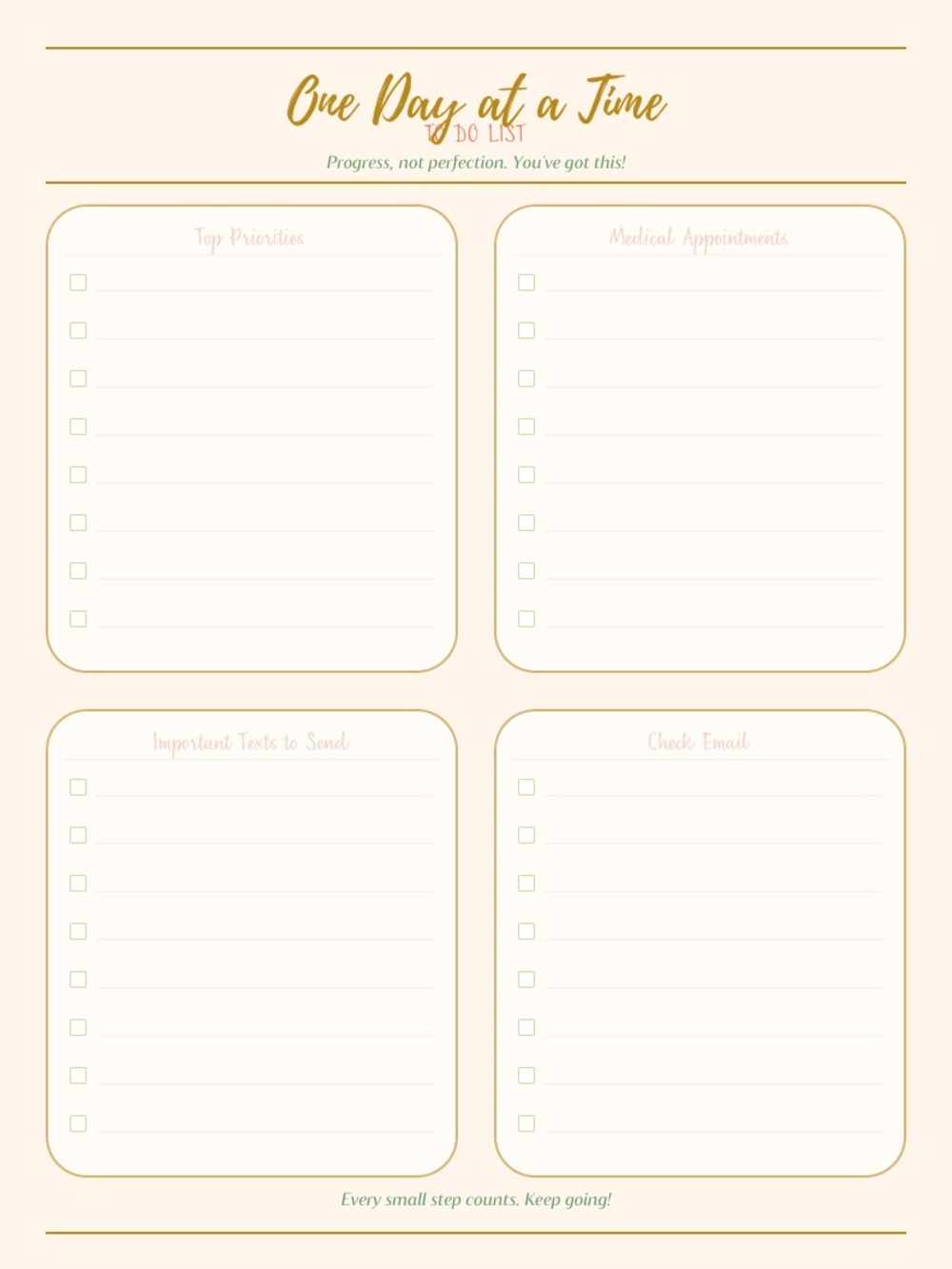 One Day at a Time To-Do List Notepad - Gold & Cream Digital